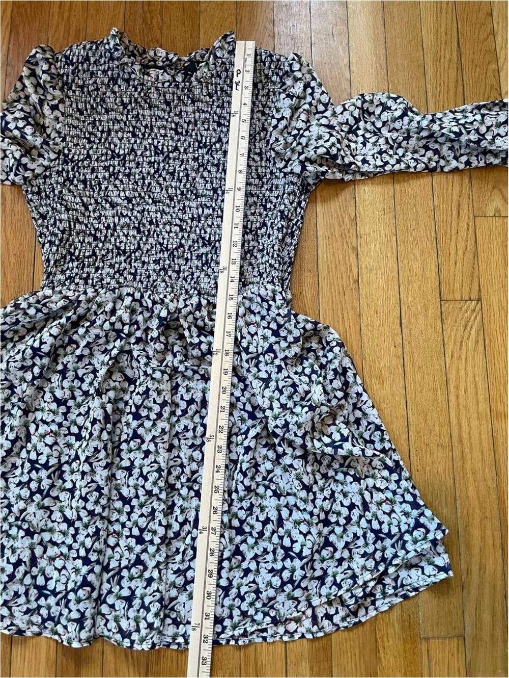 Lulus Floral Forever Navy Blue Beige Smocked Long Sleeve Mini Dress Medium - Picture 8 of 9